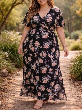 Warehouse One Black Floral Maxi Dress Plus Size Boho Cottagecore Wrap Style